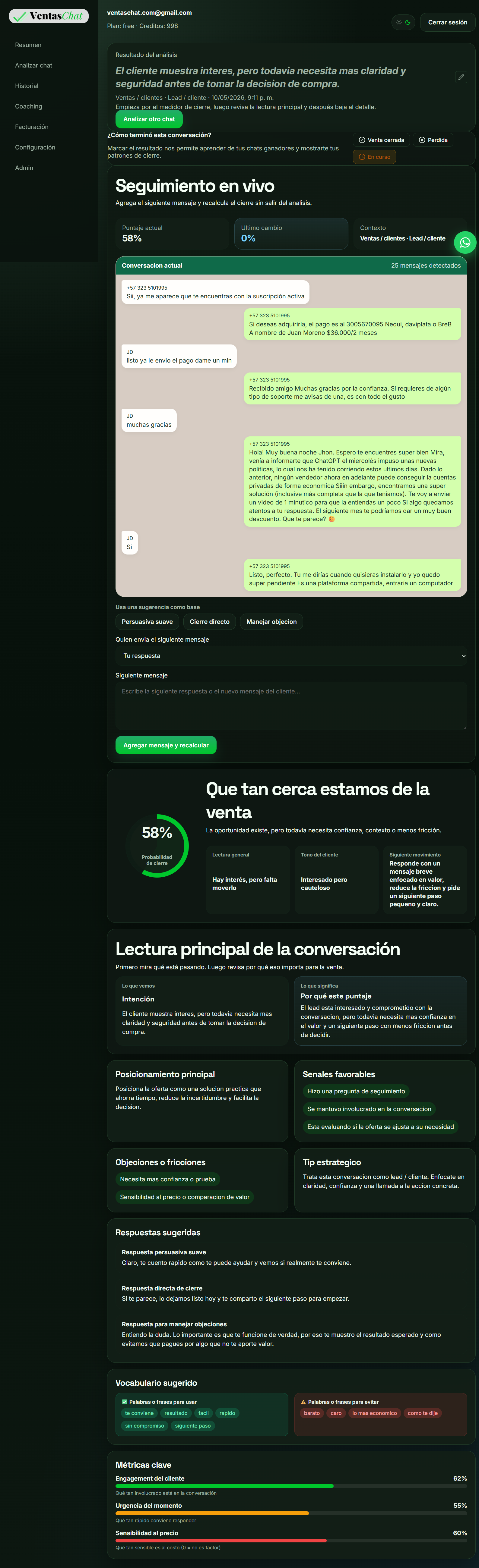 Demostración de VentasChat analizando una conversación de ventas paso a paso
